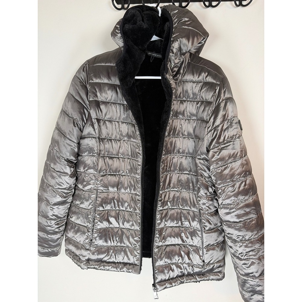 Andrew Marc Womens Reversible Puffer Jacket Metallic Grey Faux Fur Hooded M